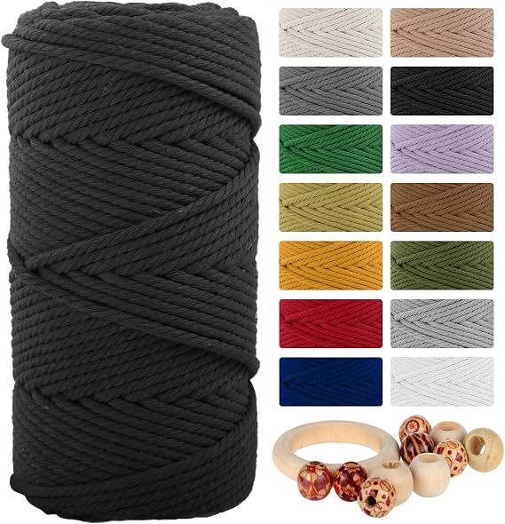 Macrame Cotton Cord 5mmx109 Yard 4 Strand, Munzong Natural Handmade 4 Twisted Cotton Rope for Wall Hanging Weaving Tapestry DIY Craft Knitting Plant Hanger Gift Wrapping Wedding Decor(100m, Black)