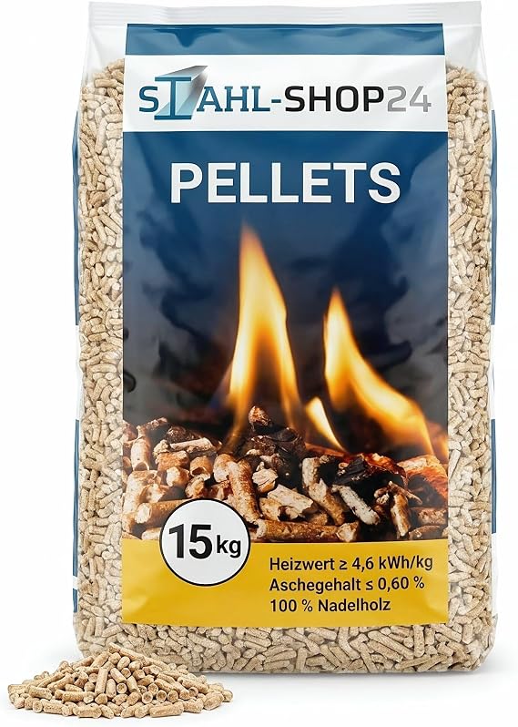 Stahl-Shop24 Wood Pellets ENplus A1 6 mm Coniferous Wood 15 kg - Premium Heating Pellets for Pellet Stove Fireplace Heating - High Heat Value Low Ash - Bagged Goods 100% Natural Wood Pellets for Grill