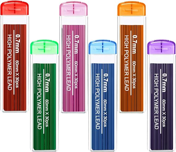 JOVITEC Color Pencil Lead Refills 0.7 mm Mechanical Lead Pencil Refills for Home Offices, 0.7 mm Hb, 6 Color Set(180)