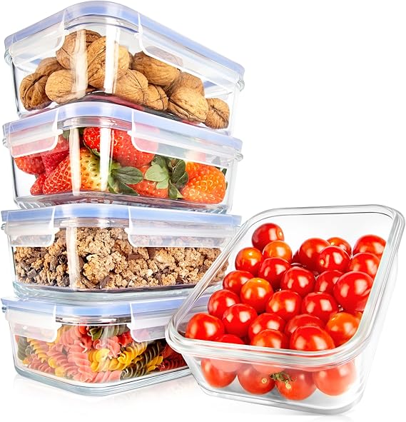 NutriChef 10 Piece Glass Food Storage Containers with Lids 30 oz Meal Prep Containers Reusable Airtight Glass Lunch Containers for Food Storage Freezer to Oven Safe - Blue