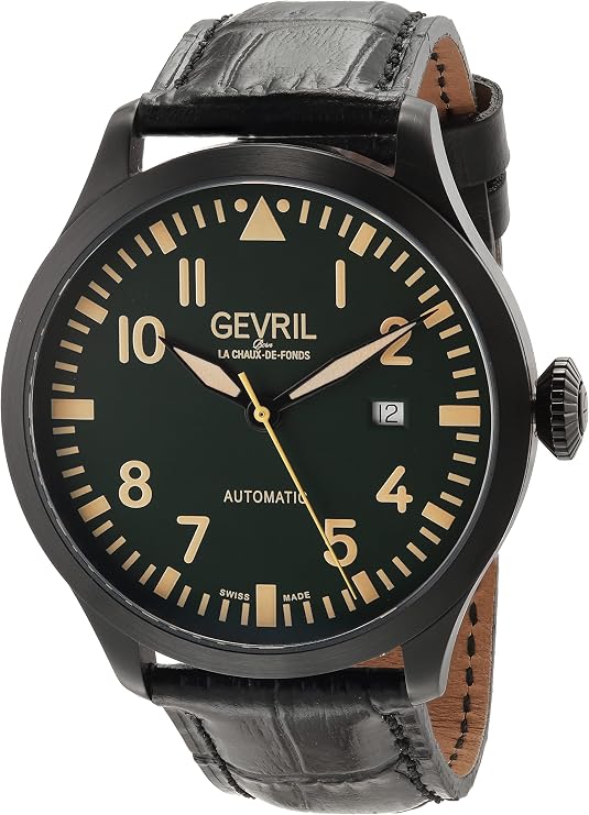 Gevril 43506-05 Men's Vaughan Swiss Automatic Watch, Genuine Italian Black Leather Strap, Black