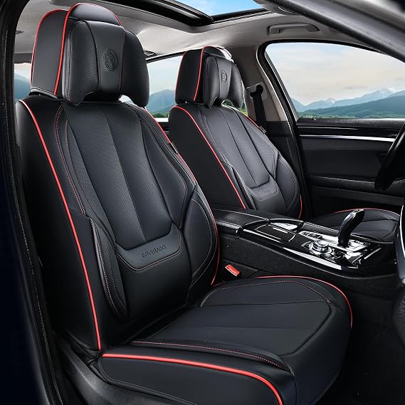 Coverado Universal Seat Covers Full Set, Universal Seat Covers for Cars, Waterproof Nappa Leather Car Seat Covers with Head Pillow, 5 Seats Auto Protectors Fit for Most Pick-up Truck, Black&Redline
