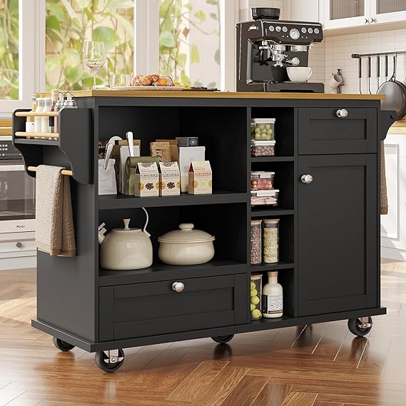 Rolling Kitchen Island on Wheels with Adjustable Shelves, Black