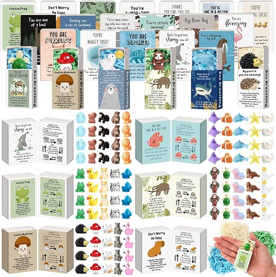 Cinnvoice 25 Sets End of Year Student Teacher Graduation Gifts Emotional Employee Appreciation Gift Bulk Positive Tiny Animals with Inspirational Card Box Breathing Gift for Coworker (Various Styles)