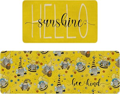 Spring Summer Farmhouse Kitchen Rugs and Mats Set of 2,Yellow Floral Gnomes Bee Kind Hello Sunshine Non Slip Washable Kitchen Floor Sink Mats Decorations for Home Kitchen 18x4818x30