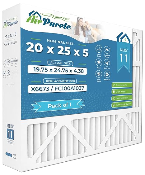 AirPurete 20x25x5 MERV 11 Air Filter, Replacement for Lennox X6673, Honeywell FC100A1037, Pleated HVAC AC Furnace Filters for Home (Actual Size: 19.75 x 24.75 x 4.38) | Pack of 1