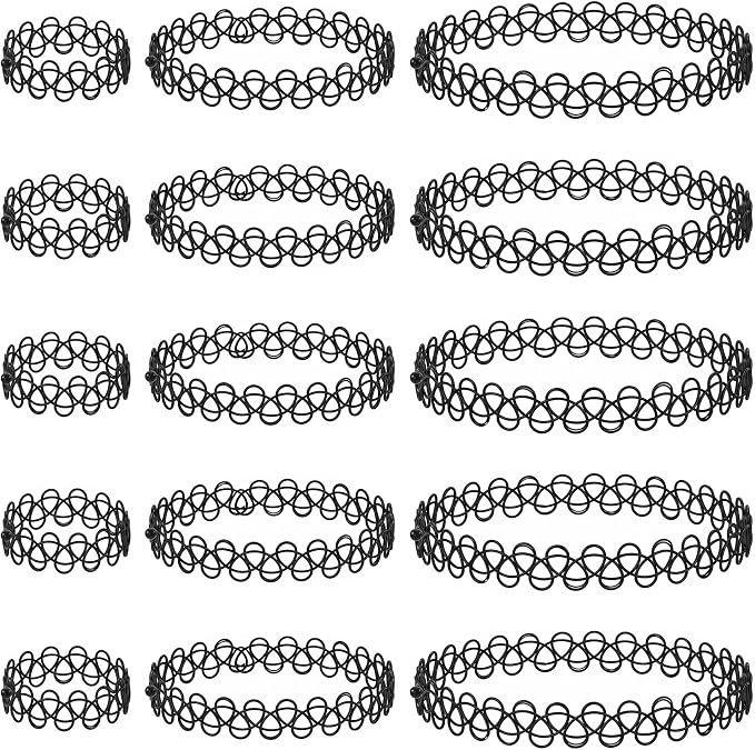 PAGOW 15pcs Tattoo Choker Set, Stretchy 90s Choker Necklace Bracelet Ring, Adjustable Retro Y2K Gothic Grunge Chokers Jewelry Accessories