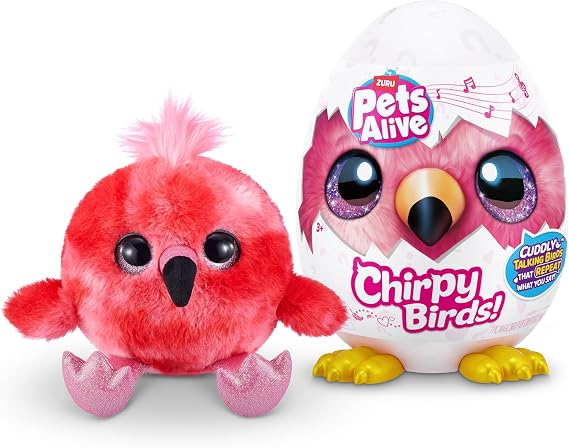 Pets Alive Chirpy Birds, Scampi the Flamingo, Surprise Interactive Toy Pets with Electronic Speak and Repeat, Sings 2 Unique Songs, 5 Layers of Surprises, 23 cm, Ages 3+ (Flamingo)