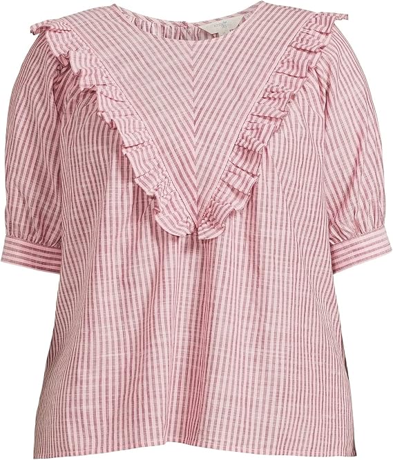Terra & Sky Womens Ruffle Yoke Woven Blouse (Dusty Rose Plum Stripe, 2X (20W-22W))