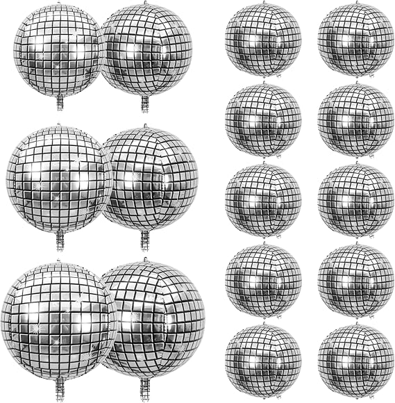 30 PCS Disco Ball Balloons Different Sizes- 4D Large Disco Balloons 10 Inch 15 Inch 18 Inch 22 Inch Assorted Round Metallic Silver Disco Balloons for Disco Themed Party Decor Supplies