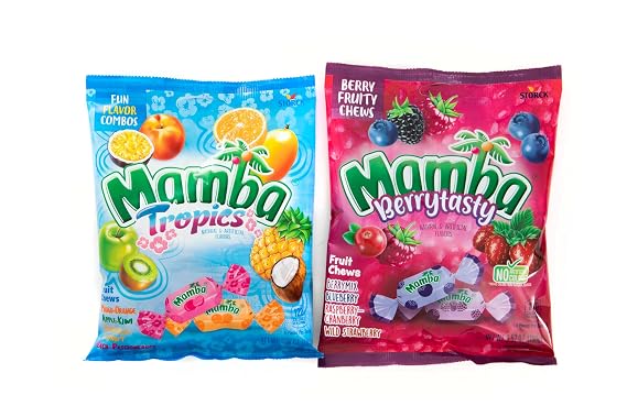Mamba's-Fruit Chews Variety Pack 3.52oz each, Mamba-Tropics & Mamba-Berrytasty Flavor, 2 Pack.