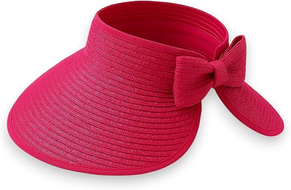 Womens Straw Visor Hat Foldable Adjustable Sun Hat with Hook & Loop, Ponytail Hole, UV Protection