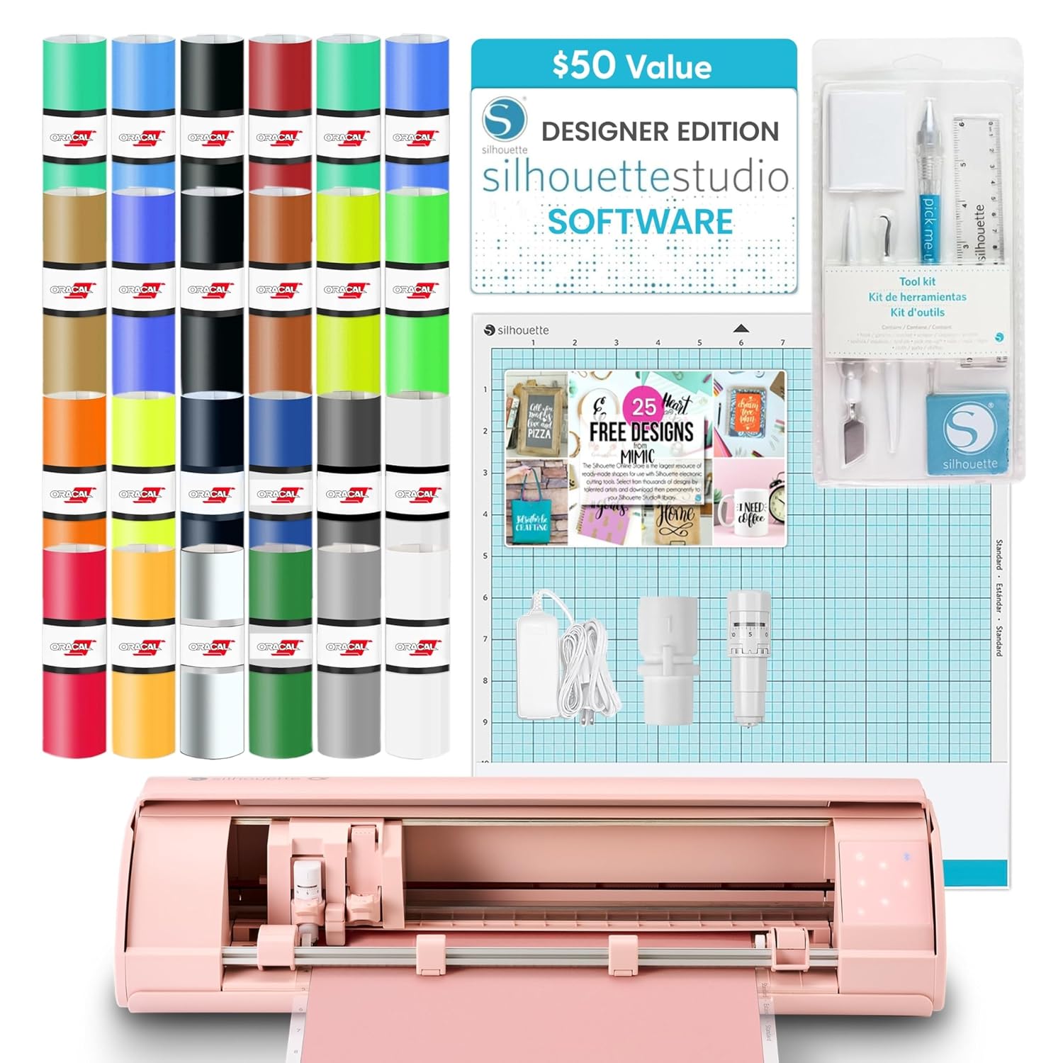 Silhouette Cameo 4 Vinyl Bundle - Includes 24 Vinyls, CrafterCuts Vinyl Tool Kit, Cameo 4 Startup Guide and Bonus Designs