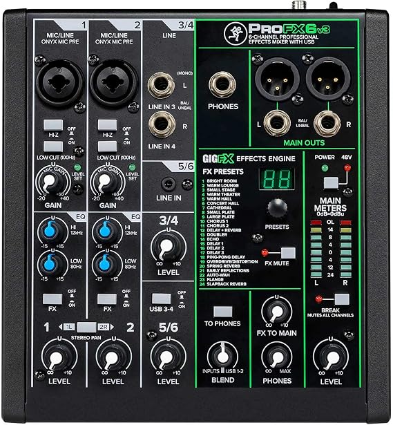 Mackie ProFX6v3 Effects Mixer Bundle with Rockville RCM03 Pro Recording Mic, PRO-M50 Studio Headphones, DMS40 40" Mic Boom Arm, RCTR106B TRS to TRS Cable and RHPA4 Headphone Amplifier Stereo