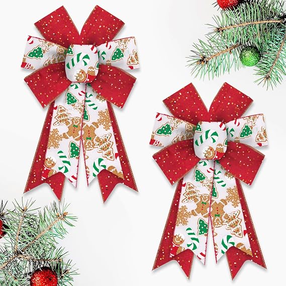 2PCS Cookies & Candy Canes Christmas Bow, 8.46 inch 12.99 inch Red and Ivory Bow with Festive Candy Patterns, Wired Craft Bow for Wreaths, Trees,Holiday Decorations