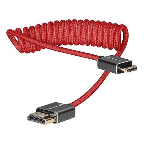 KONDOR BLUE | Mini HDMI (Type C) to Full HDMI (Type A) 2.0 Coiled Cable 12-24 Braided | 4K 60Hz 18Gbps HDR, 3D, Reinforced | for On-Camera Monitors & Recorders + More | Red