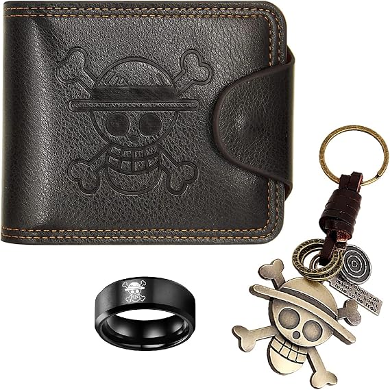 Anime Wallets for Men, Classic Anime Keychain and Ring, Faux Leather Slim Wallet Brown, Bifold Multi Card Holder Purse Valentines Day Gift for Anime Fans Teen Boys Men