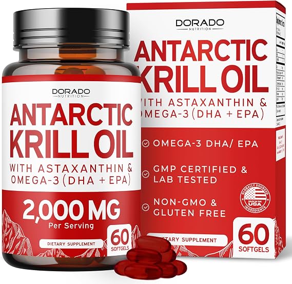 Antarctic Krill Oil Supplement (2000mg Per Serving, 60 Softgels) Krill Oil Omega 3 Supplements with EPA, DHA & Astaxanthin - Premium Phospholipid for Adults - Third Party Tested, Non-GMO & USA Made