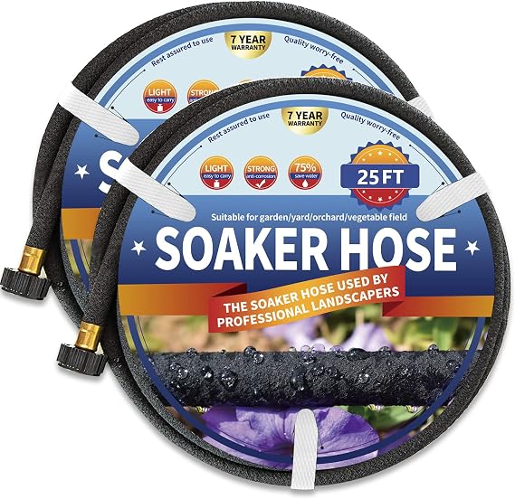 2 Pack Soaker Hose 25 FT for Garden Bed, 1/2 Rubber Garden Soaker Hoses 50 FT, Drip Irrigation Watering Hose for Vegetable, Tree, Lawn Yard(2 Pack 25 FT)