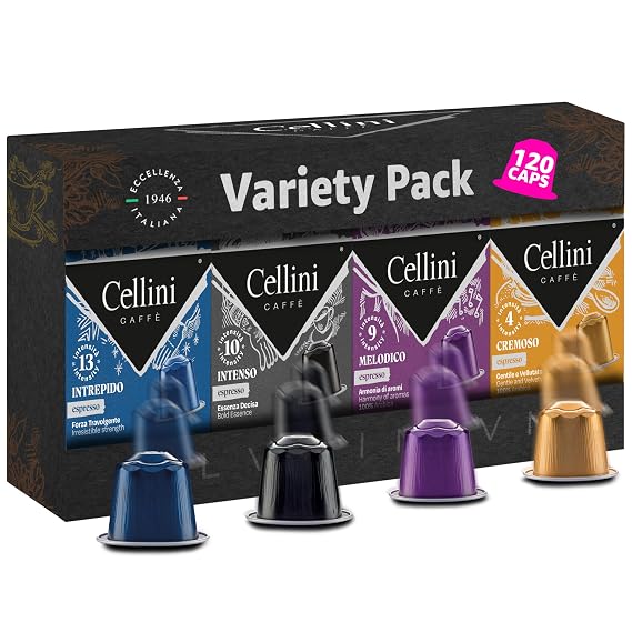 Cellini Caffe Mixed Variety Aluminum Nespresso Pods, 4 Distintive Italian Flavors, 100% Nespresso Original Machine Compatible, 120 Count, Medium to Strong Roast Coffee Capsules