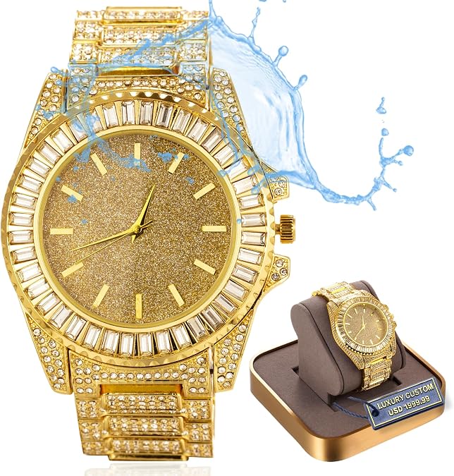 Halukakah Moissanite Diamond Gold Watch for Men,Luxury 18k Real Gold//Platinum White Gold Plated,Basic Waterproof,Starlight Sparking Dial with Square Diamonds,Iced Out,9.5" Wristband,Giftbox Included,Luxury Gift for Son Grandson Dad Husband Boyfriend