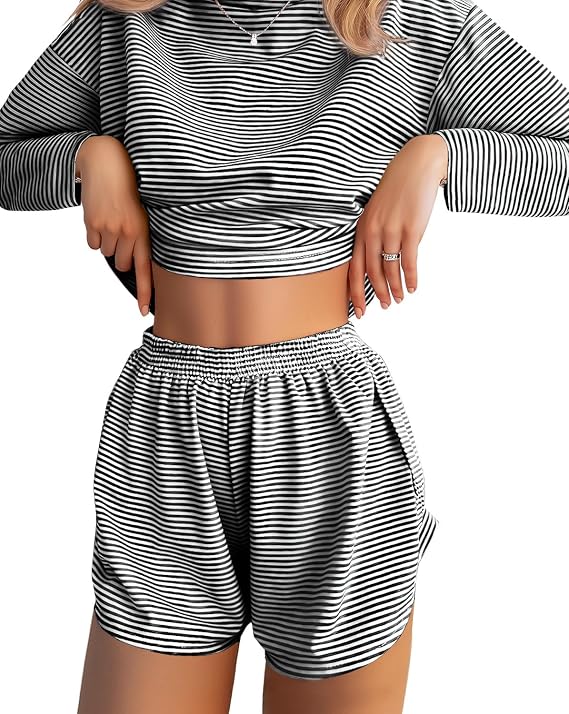 JUSTFASHIONNOW Womens Pajama Sets Striped Two Piece Lounge Sets Long Sleeve Top and Split Shorts Print Sleepwear Comfy Pjs
