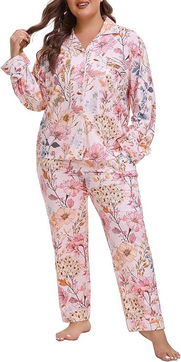 Plus Size Pajamas for Women Set Long Sleeve Button Down Pjs Sets Soft Sleepwear with Pockets