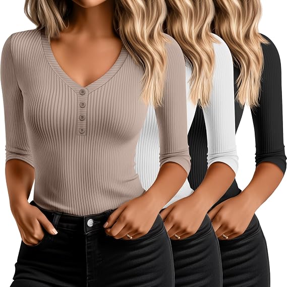Ficerd 3 Pack Women's 3/4 Sleeve Henley Shirts, Cotton V Neck Ribbed Knit Slim Fit Shirts Tight Basic Tee