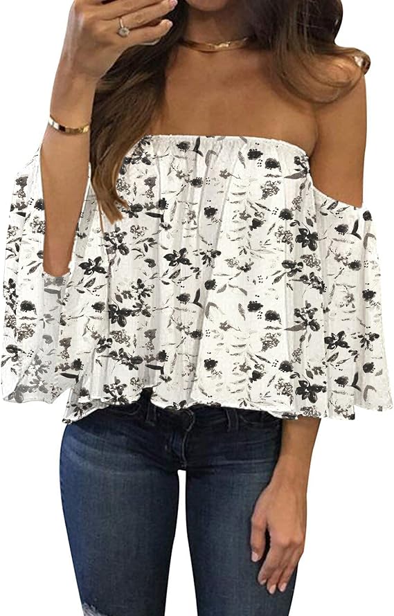 Bluetime Women Off Shoulder Blouse | Chiffon, Ruffles Short Sleeves Tops, Outfits for Vacation, Beach, Cocktail, Party, Club, Date, Work, Casual, Street