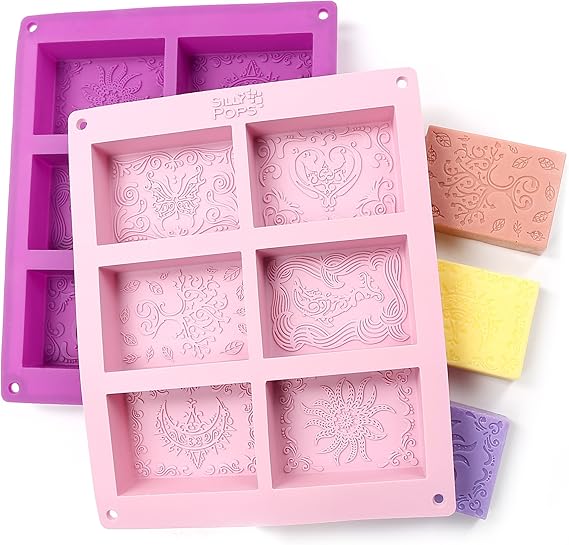 Rectangle Silicone Soap Molds - Set of 2 for 12 Cavities - Mixed Patterns - Soap Making Supplies by the Silly Pops