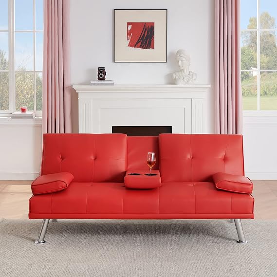 67" Multifunctional Double Folding Sofa Bed with 2 Cup Holders,Leather Couch Loveseat Sleeper with Removable Armrests,Convertible Folding Couches Bed for Office Small Spaces (Red)