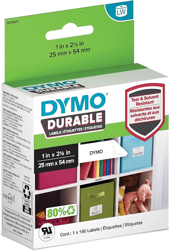 DYMO LW Durable Labels for LabelWriter Label Printers, White Poly, 1 x 2-1/8, 1 Roll of 160