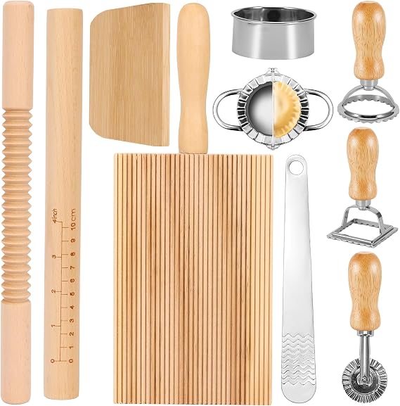 10 PCS Pasta Making Tools, Pasta Maker with Ravioli Stamp Cutters Kit | Includes ravioli stamp cutters, gnocchi board, rolling pin and mould for pasta, dumplings, lasagna and pierogi