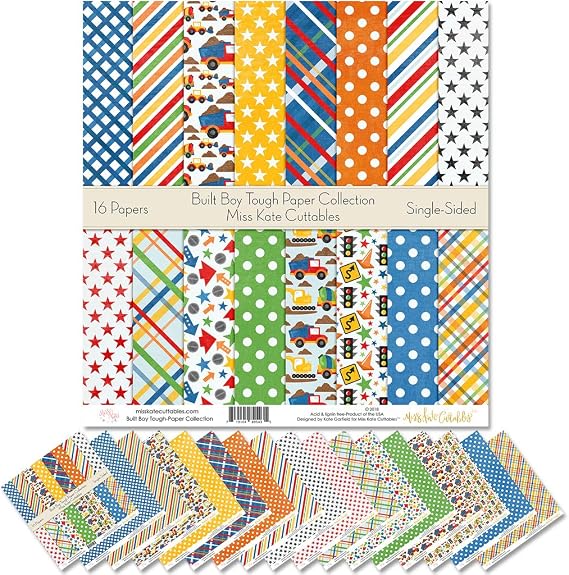 Pattern Paper Pack - Built Boy Tough - Scrapbook Premium Specialty Paper Single-Sided 12"x12" Collection Includes 16 Sheets - by Miss Kate Cuttables
