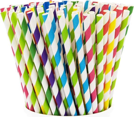 GUSTO [200 Pack] Striped Paper Drinking Straws Sturdy & Non-Soggy 100% Biodegradable, Food-Safe Ink, and Multi-Layered for Long-Lasting Use Vibrant Assorted Colors (Formerly Comfy Package)