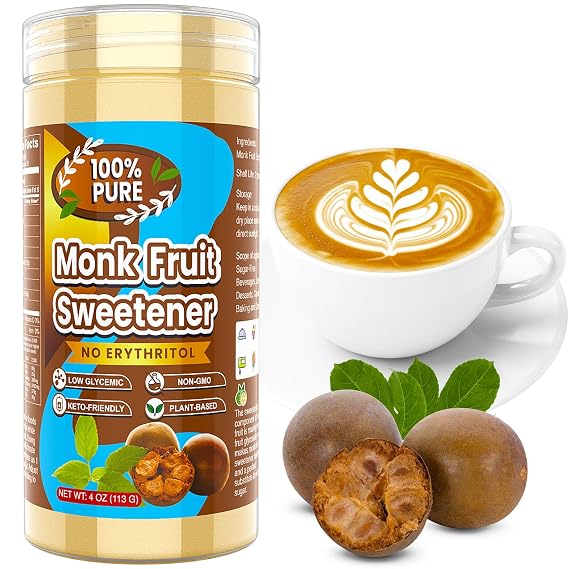 Monk Fruit Sweetener - No Erythrytol Monk Fruit Extract Powder, Keto Friendly & Low Calorie Sugar Substitute for Daily Diet - Non Gmo, No Additive, No Aftertaste - 4oz