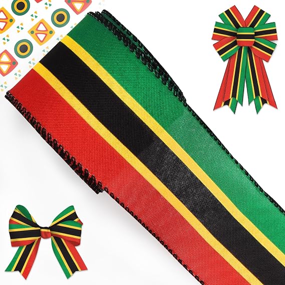 Juneteenth Edge Wired Ribbon - 2.5" x 10 Yards African American Kente Ribbon for Gift Wrapping, Juneteenth Wired Wrapping Ribbon, Wreath Bows, and Black History Month Decorations Style A