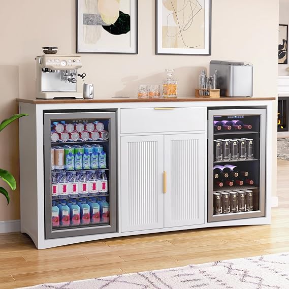 GDLF 70.1" Coffee Bar Cabinet with Fridge Space, Fluted Sideboard,White