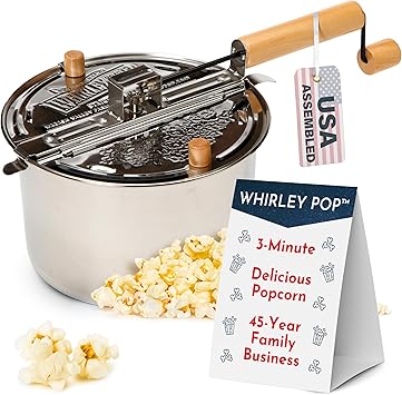 Original Whirley Pop Popcorn Machine 3-Minute Stovetop Popcorn Maker, Home Movie Night, Movie Snacks, Game Night Snacks Wabash Valley Farms Stainless Steel Pot With Metal Gears (Stainless Steel)