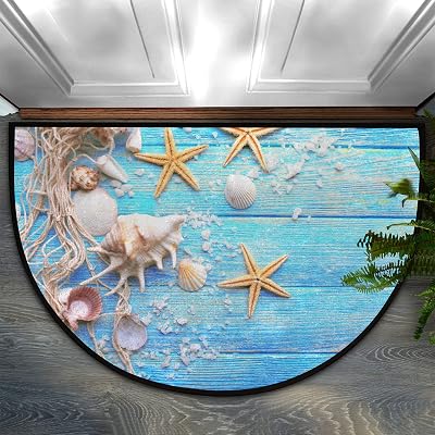 Pardick Beach Theme Half Round Door mat Starfish Wood Non-Slip Soft Half Circle Area Rug Washable Durable Decor Half Moon Hearth Rugs for Floor Indoor Living Room Bedroom Kitchen Fireplace Rug