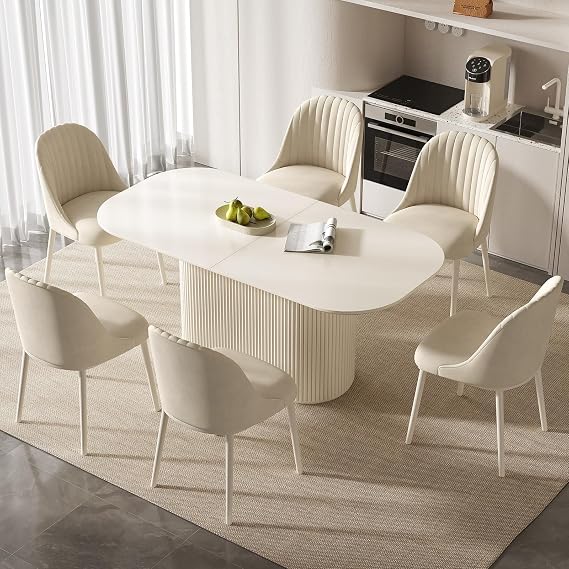 Oval Dining Table Set with Chairs, Cream Modern Kitchen Table Set with Fluted Pedestal Base, Contemporary Dining Room Furniture for Home and Apartment (Dining Table with 6 Chairs, 177.8 cm)
