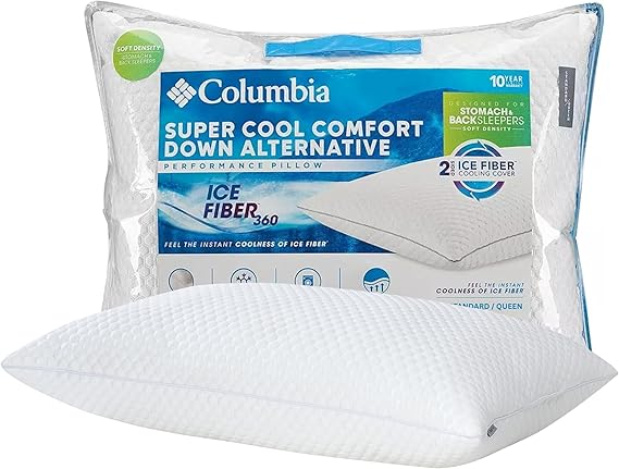 Columbia Comfort Ice Fiber Back & Stomach Sleeper Down Alternative Bed Pillow with Polyester Fiberfill, Supportive Cooling Double Sided Breathable Cover - Standard/Queen, Pack of 1