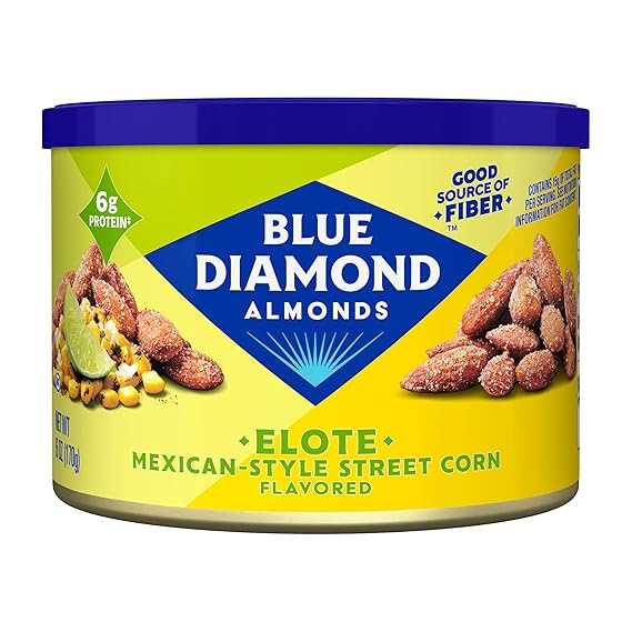 Blue Diamond Almond Elote Style Mexican Street Corn Flavored Snack Nuts, Non-GMO, Kosher, No Gluten Ingredients or Artificial Flavors, Great Size for On-The-Go, Lunch, Kids and Adults, 6 oz. can Packaging may vary