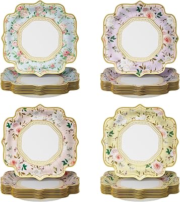 Floral Paper Plates Spring Tea Party Disposable Plates Tableware for Mothers Day Blossom Flower Fairy Garden Bridal Birthday Baby Shower Party Supplies, Pack of 48 9 inch