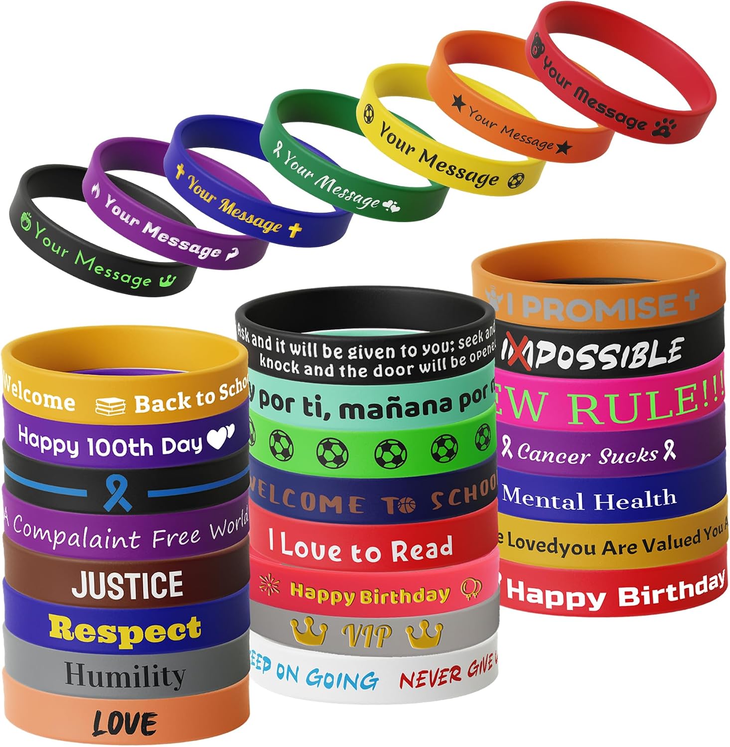 Custom Rubber Bracelet with Text Clipart, Men Women Personalized 0.5 Inch Wide Silicone Wristbands, Bulk, for Events, Christmas, Support, Fundraising, Promotional, Memorials