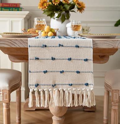 Caflife Boho Table Runner 90 Inchs Long for Modern Farmhouse Room Home Decor, Blue and Beige Coffee Table Runner, Natural Cotton Woven with Tassels Neutral, for Kitchen Dining Table Decor