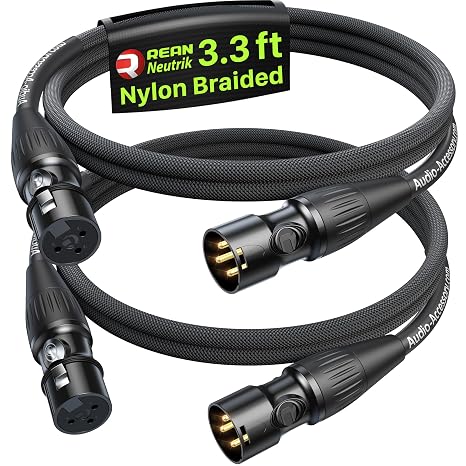 AA AUDIO ACCESSORY Short XLR Cables 1M 2Pack, Gold-Plated Rean Connectors from Neutrik, Kevlar-Reinforced Nylon Braided Microphone Cable, Durable Shielded and Balanced XLR Cable, Male to Female