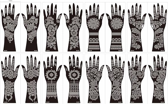 Henna Tattoo Stencils, 8 Sheets Hand Designs for Women and Girls, Temporary Tattoo Kit