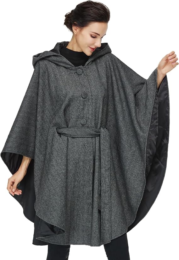 Women Wool Cape Coat with Hood Sleeveless Belted Cloak Cape Poncho for Fall Winter