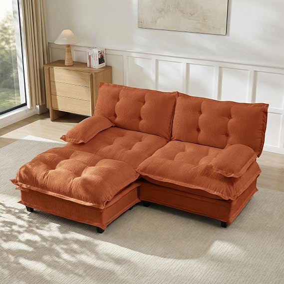 77" L Shaped Modern Sofa Modular Sectional Cloud Couch with Ottoman, 2-Seat Chenille Deep Seat Sofa with Comfy Lattice Decored Seat Cushion, for Living Room, Bedroom and Apartment (Orange)